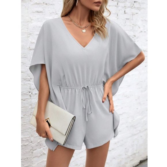 Batwing Sleeve Drawstring Waist Ruffle Trim Romper grey - Picture 5 of 6